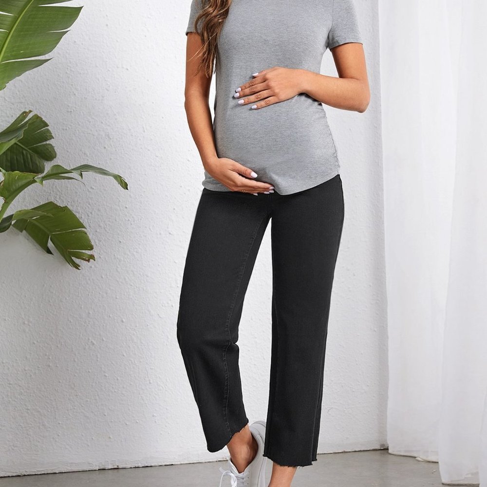 Black Casual Womens Maternity Wideband Waist Raw Hem Jeans - Picture 4 of 5
